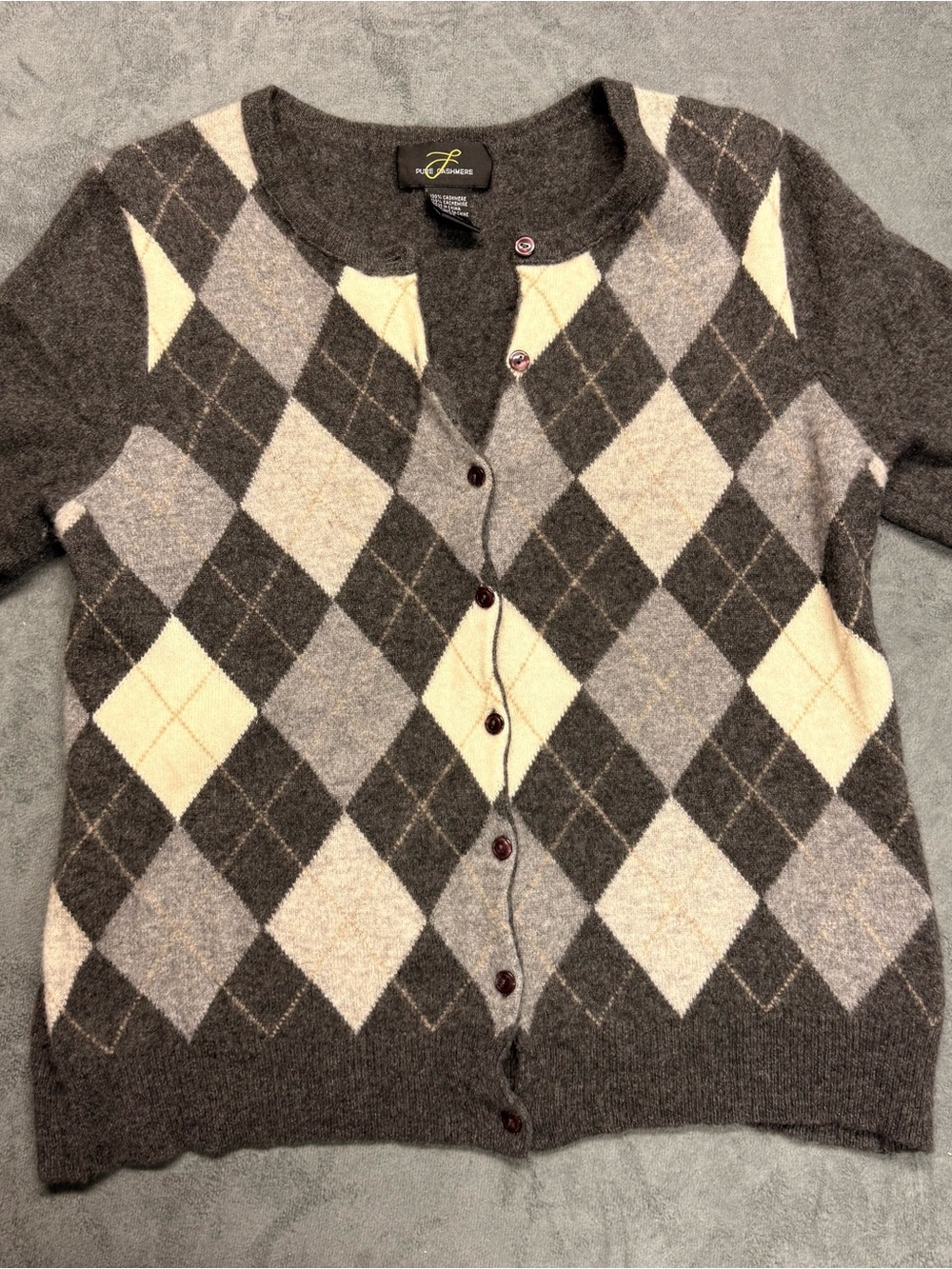 100% Cashmere Gray Argyle Wool Blend Button Cardigan
